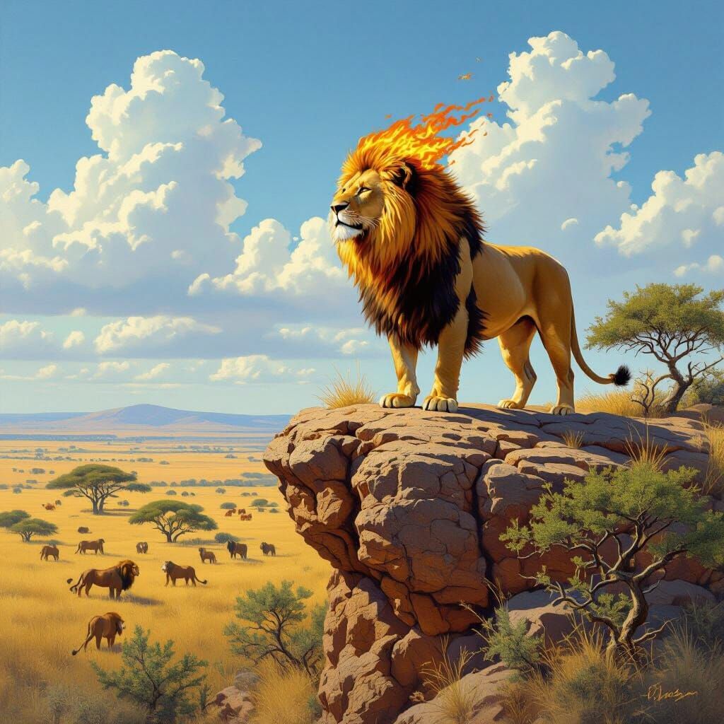 Flaming Lion Overlooking Savannah as Photorealistic Art