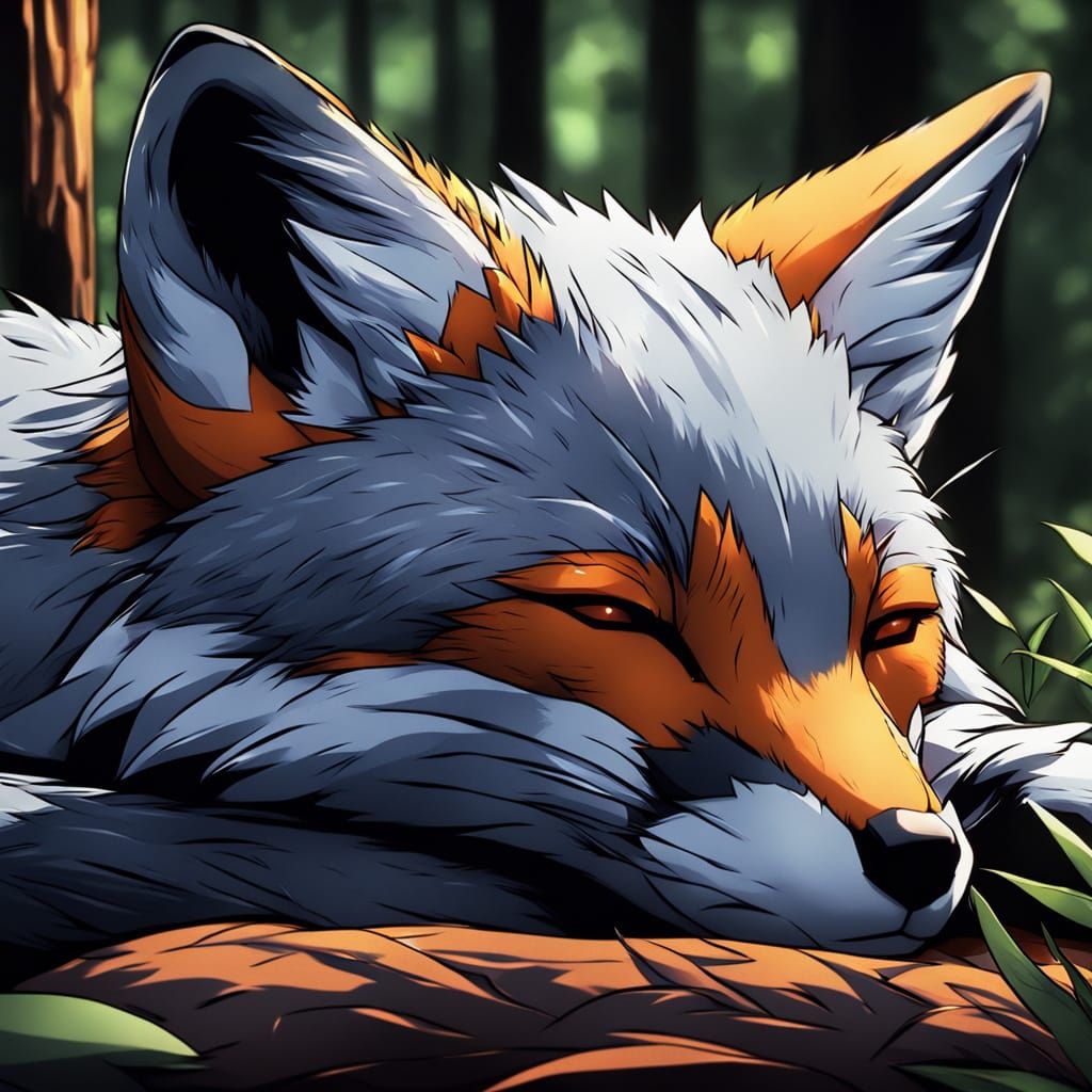 Sleeping Gray Fox in Anime Manga Style