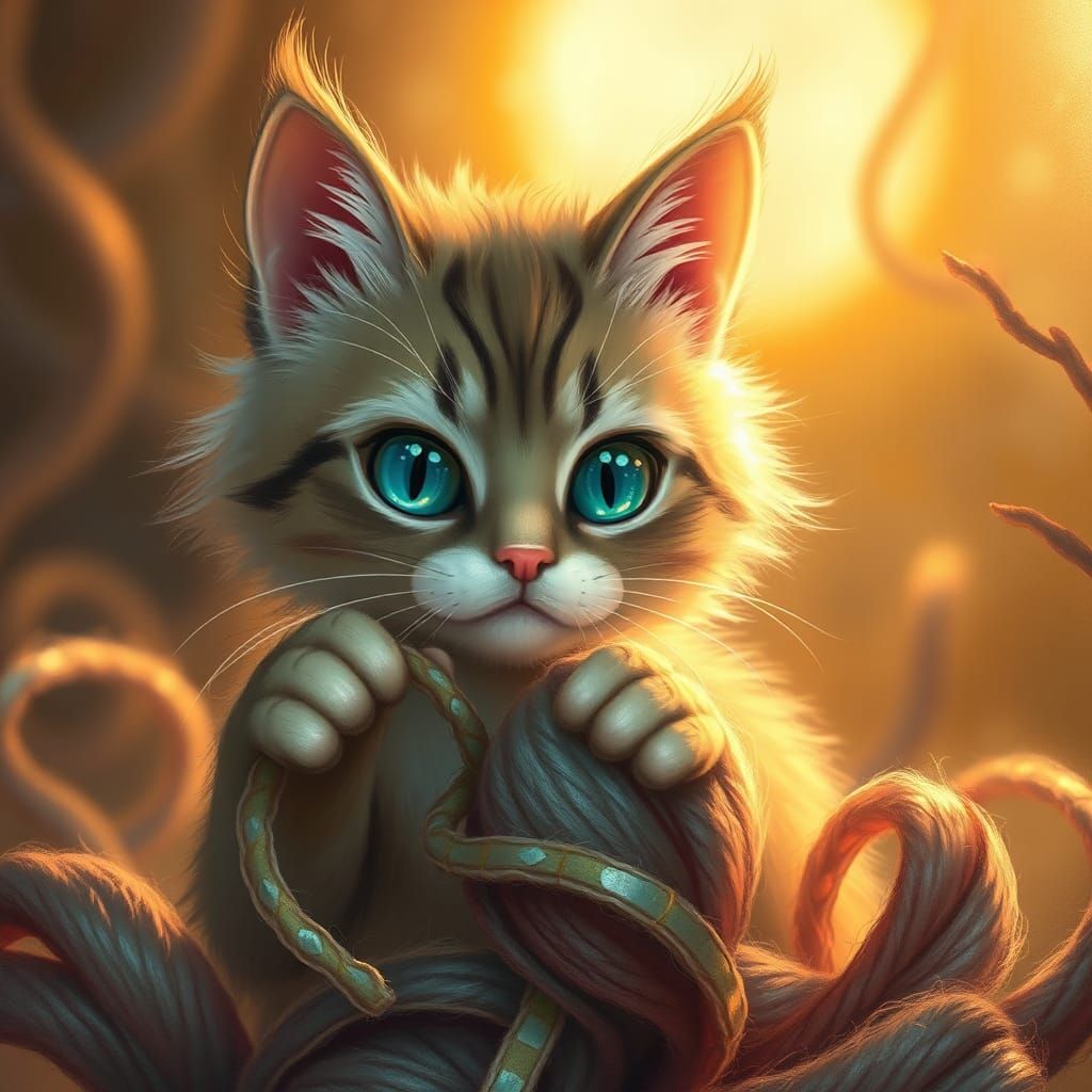 Whimsical Cat Batting Yarn: Fantasy Game Splash Screen