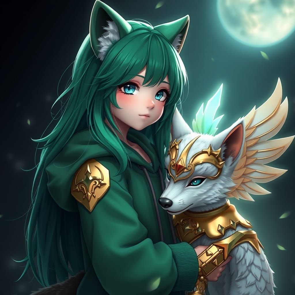 Mystical Girl with Armored Winged Wolf Pup