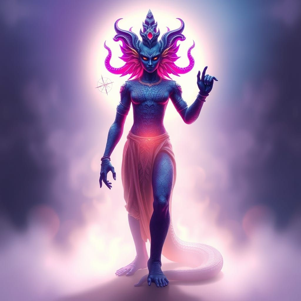 Glowing Serpent-Human God in Ethereal Halo