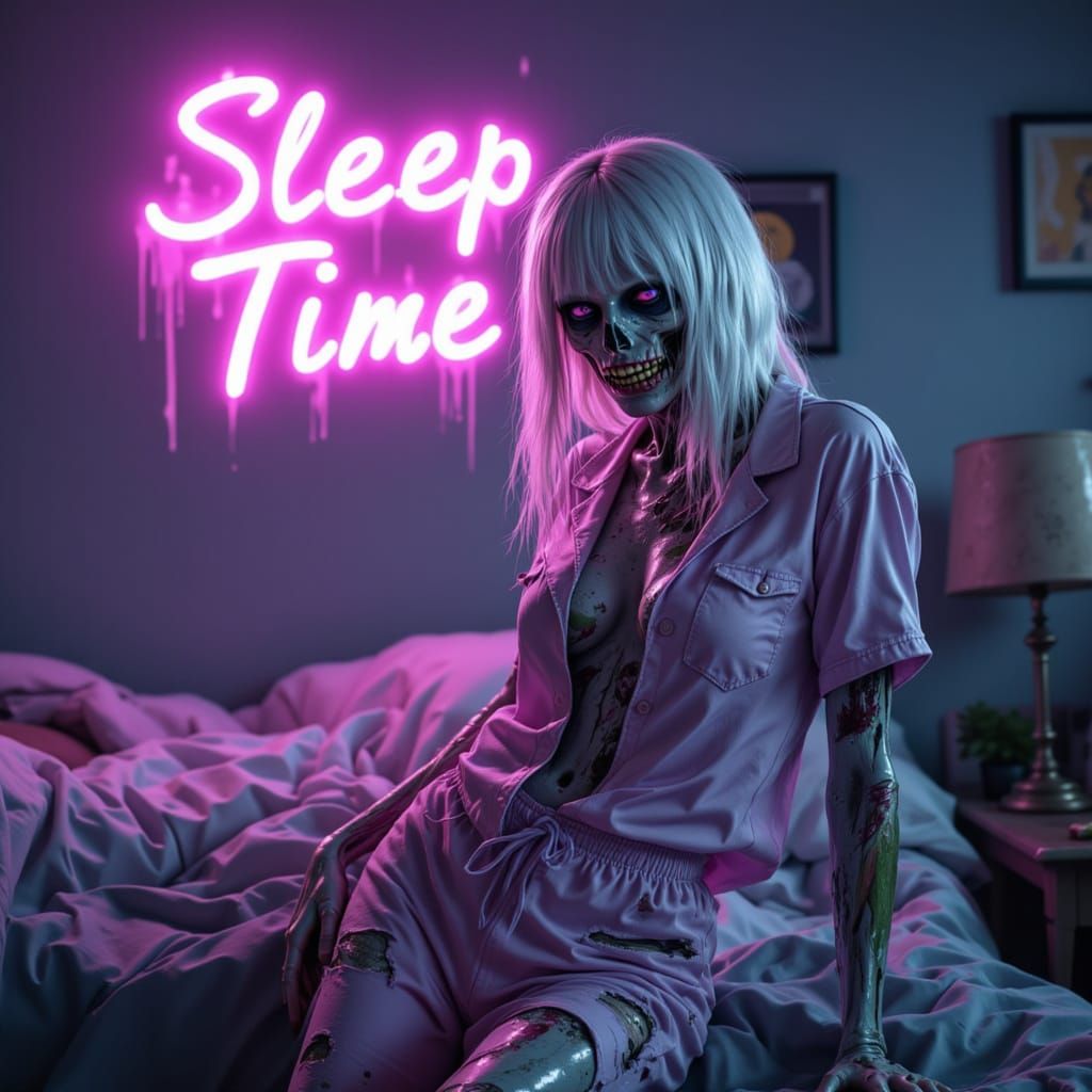 A gorgeous female zombie with glitter white hair, wearing pa...