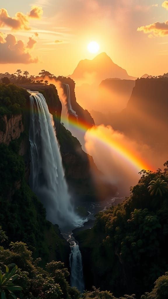 Ethereal Angel Falls Sunset Scene with Rainbow