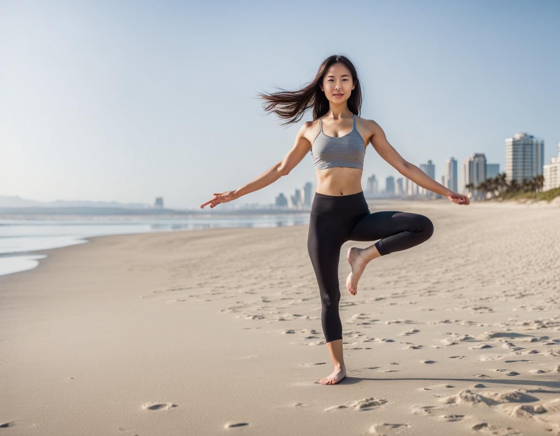 Asian Woman Doing Yoga on Beach in Splash Art