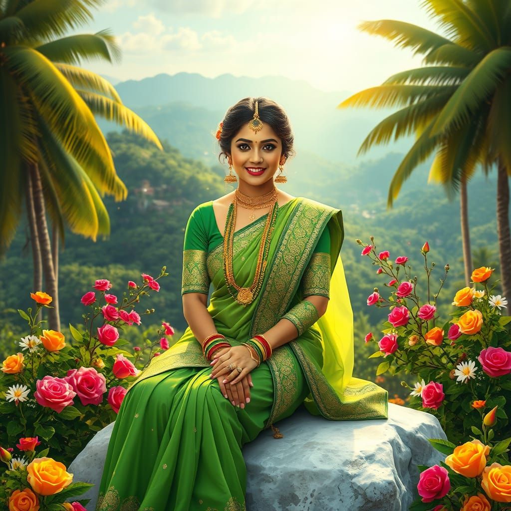 Traditional Indian Bride in Vibrant Green Attire, Surrounded...