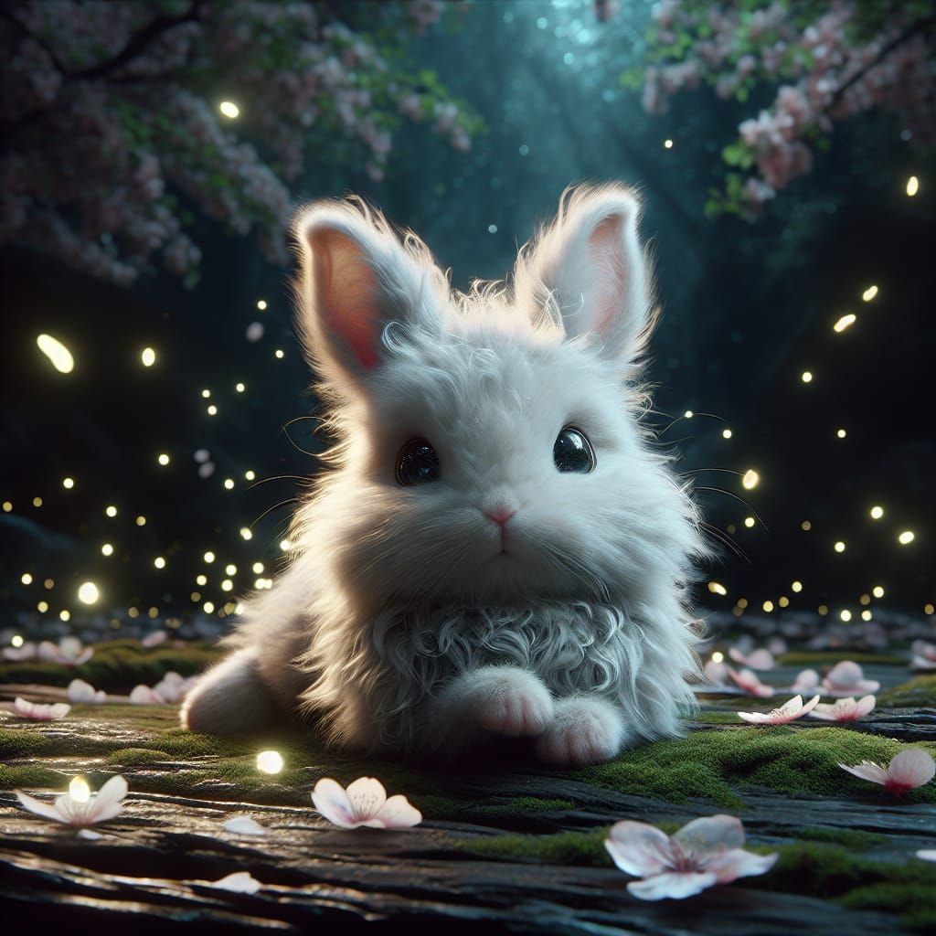 Adorable White Bunny in Enchanting Night Scenery