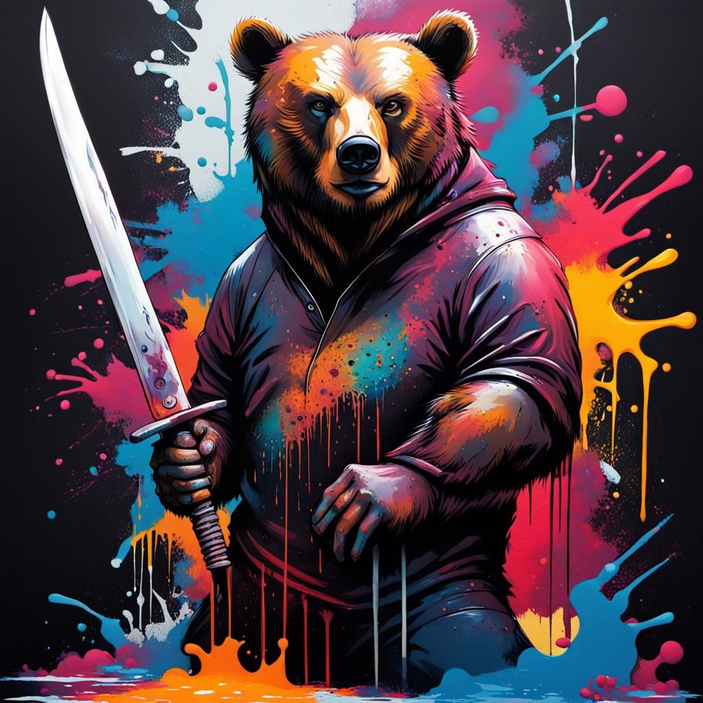 Bear Man with Katana in Graffiti Style