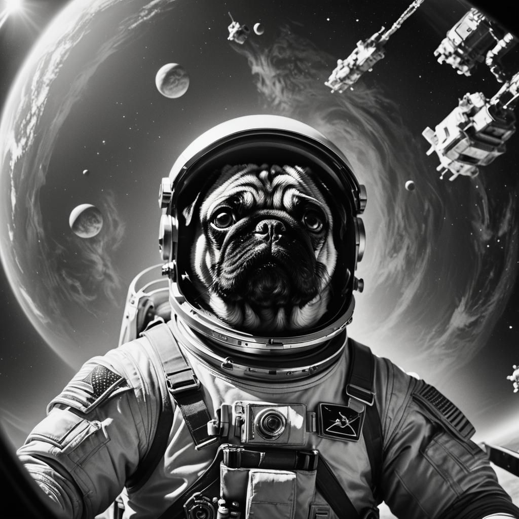 Pug Astronaut Floats in Space: Film Noir Photography