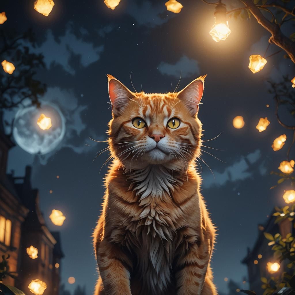 Ginger Cat Dancing in Moonlight, Hyperrealism Style