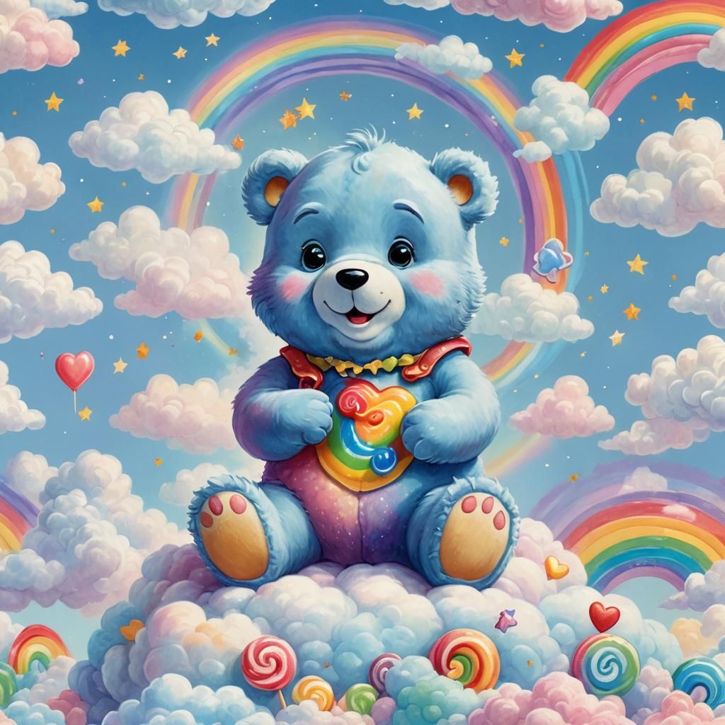 Cute Care Bear on Cloud with Rainbow Candy
