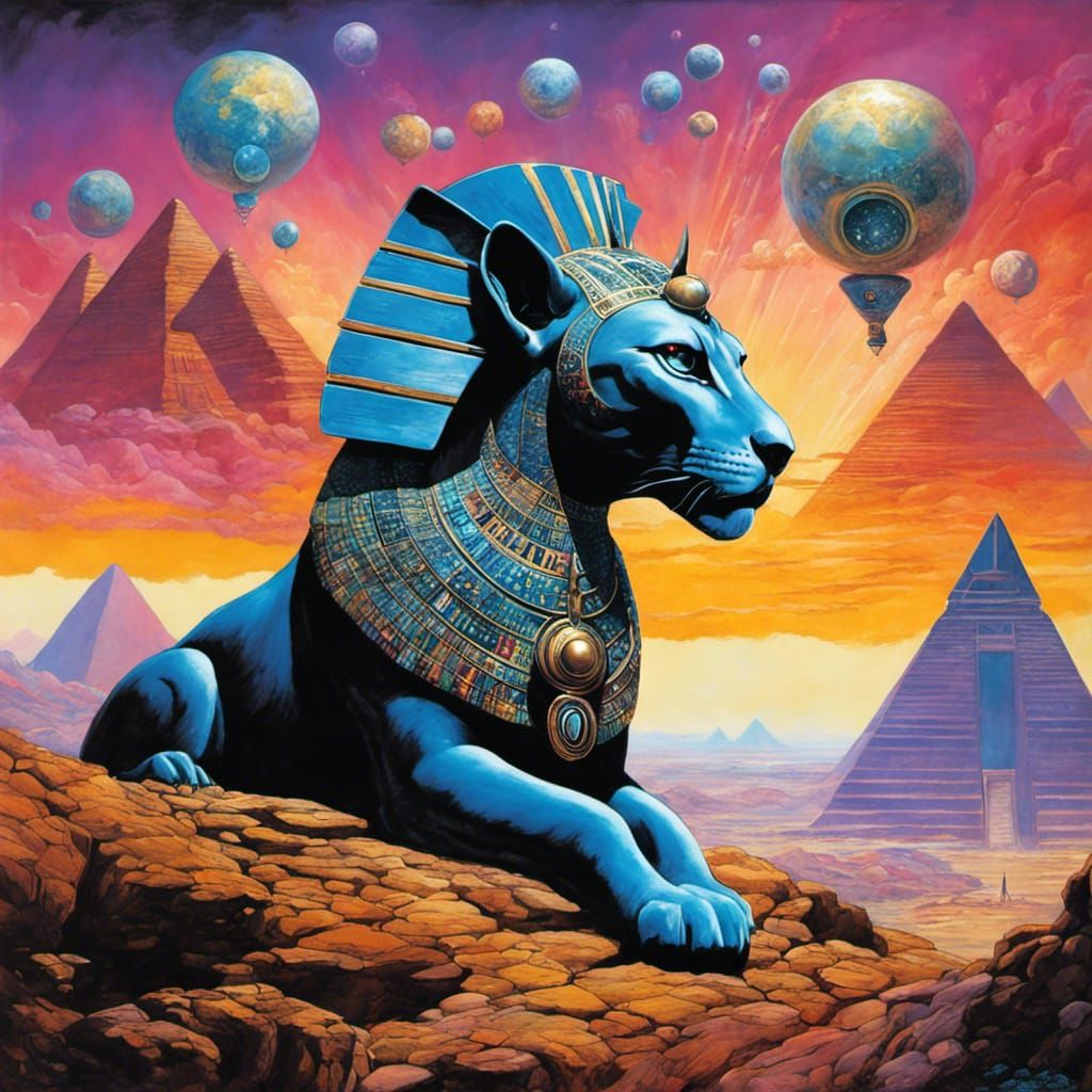 Egyptian Goddess Sphinx in Cyberpunk Alien Landscape