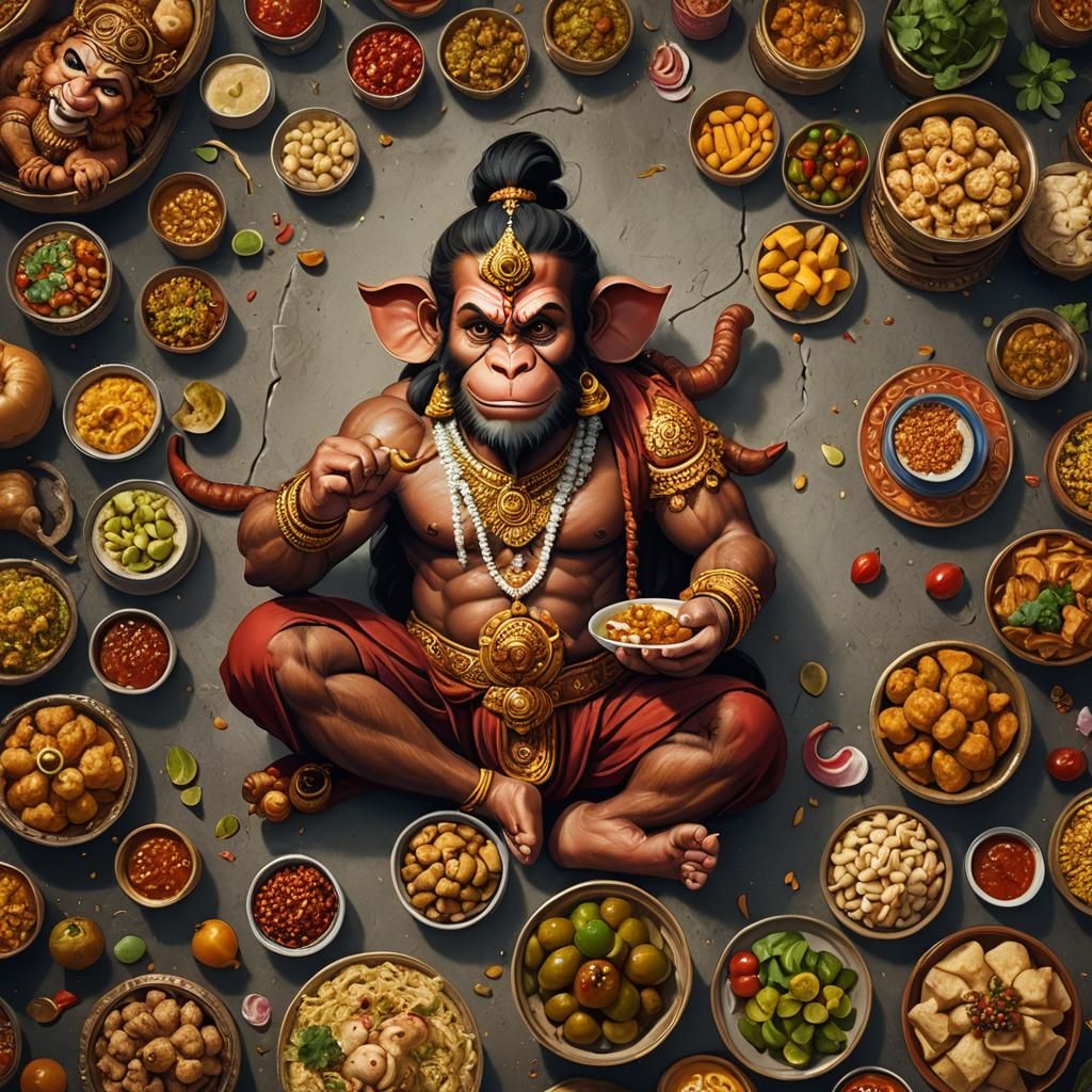Baby Hanuman's Feast: Indian God in Detailed Painting