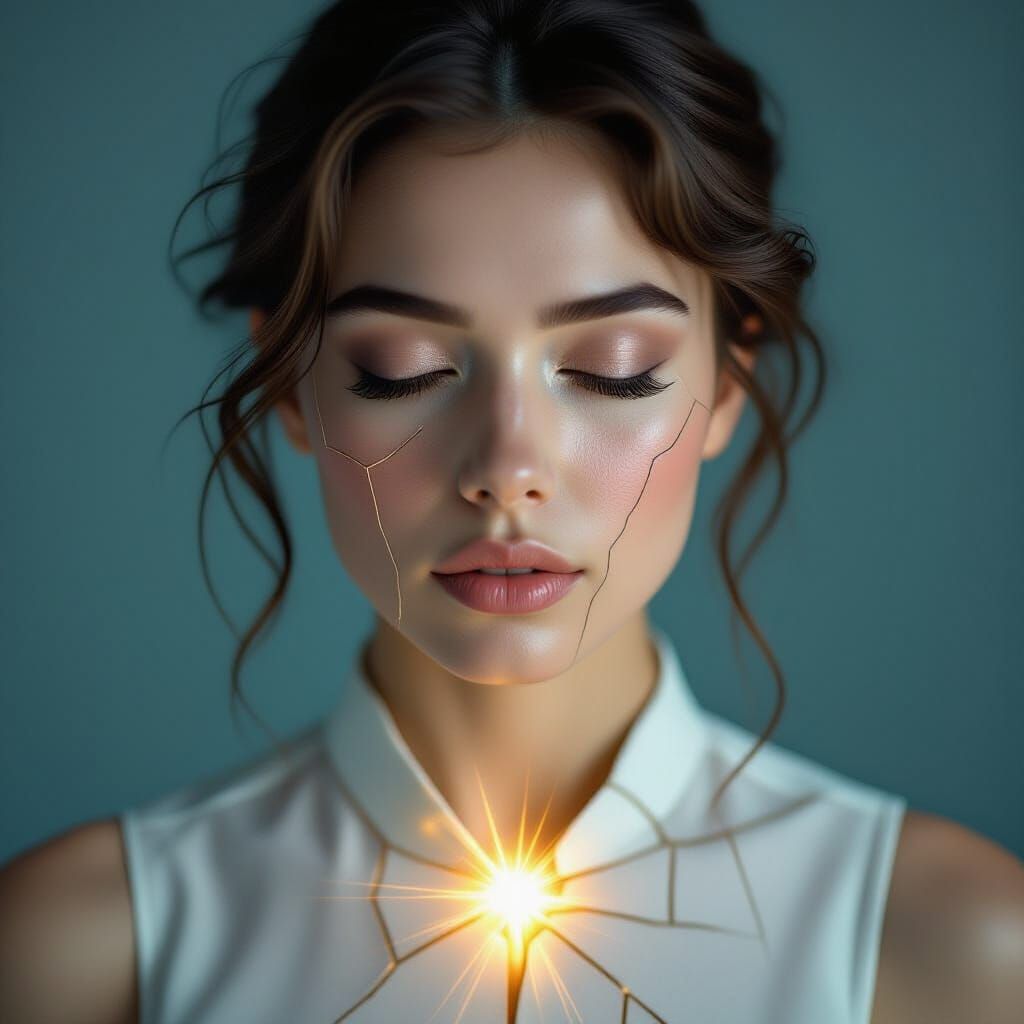 Emotional Portrait of Fractured Soul Illuminated by Inner Li...