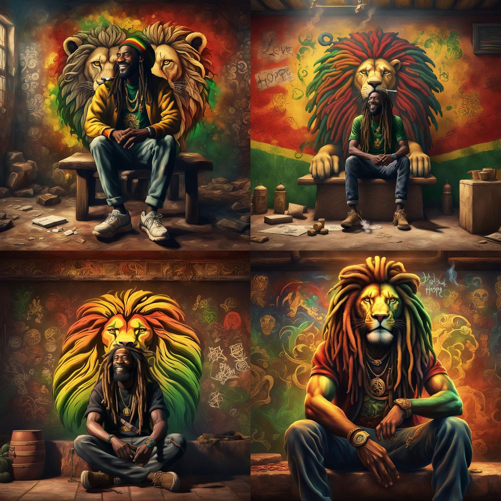 Rasta Man Smoking with Lion Art, Detailed Matte Painting
