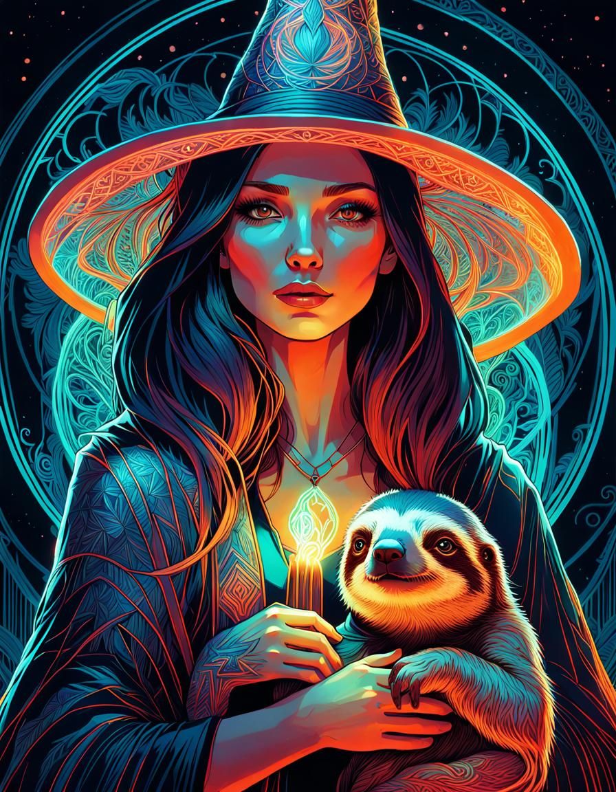 Neon Witch Portrait with Sloth, Digital Art