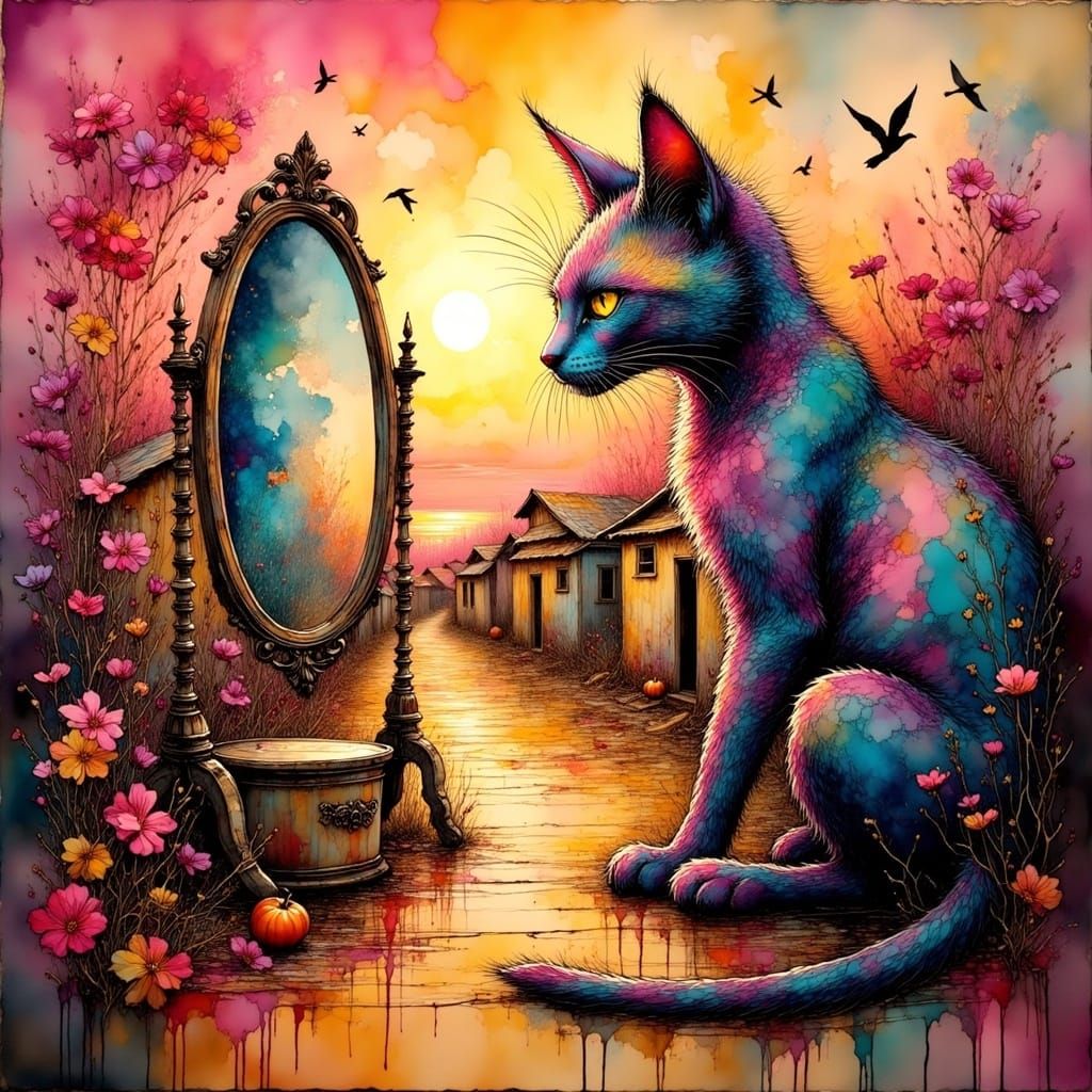 <lora:Ink Poet:1.0> Photo of a giant cat staring at itself in a mirror, in a village surrounded by huts and birds in the...