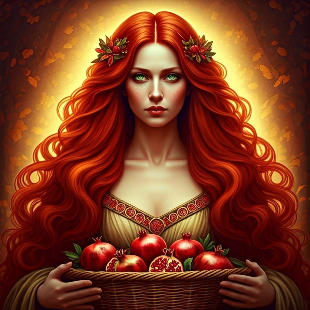 Persephone, Goddess of Autumn, in Pre-Raphaelite Style