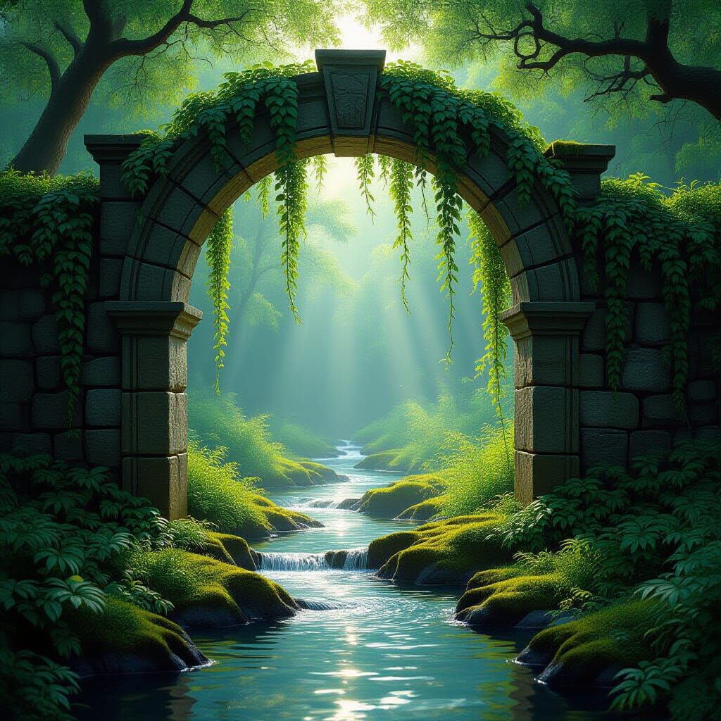 Ancient Stone Archway in Sun-Dappled Glade, Oil Painting