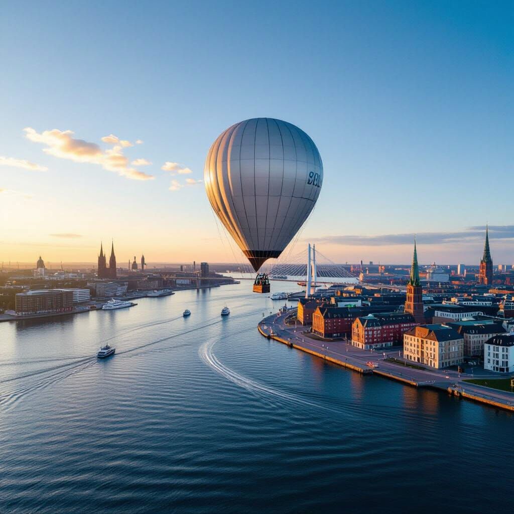 Observation Balloon Over Øresund Bridge at Dusk