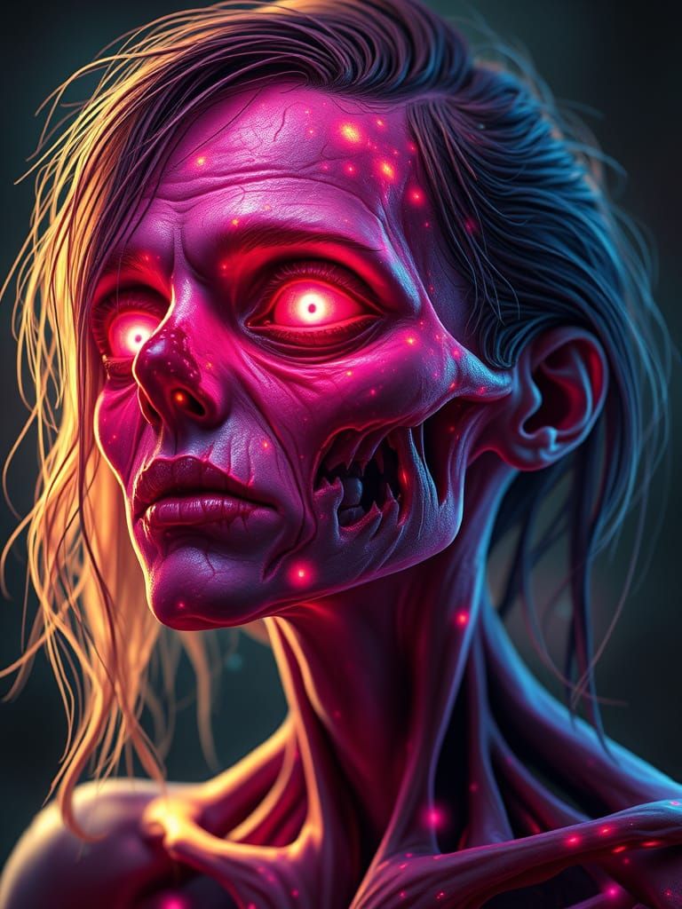 Radiant Zombie Woman in Dynamic, Colorful Light