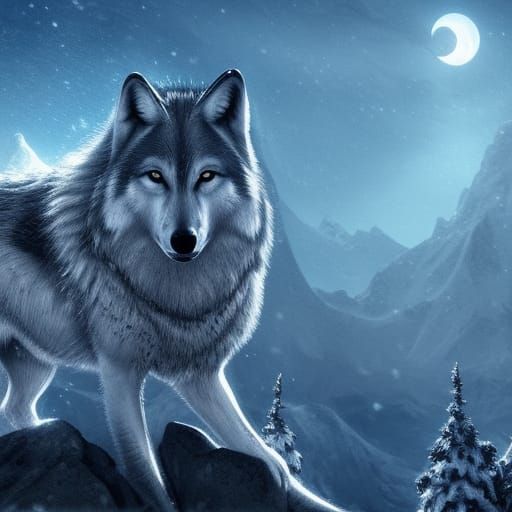 Wolf in Snowy Mountains Under Starry Sky