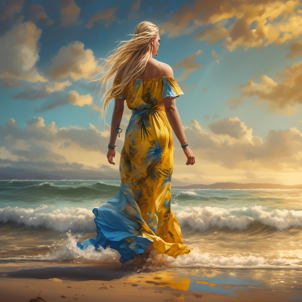 Swedish Woman in Hawaiian Dress on Beach: Hyperrealistic Art
