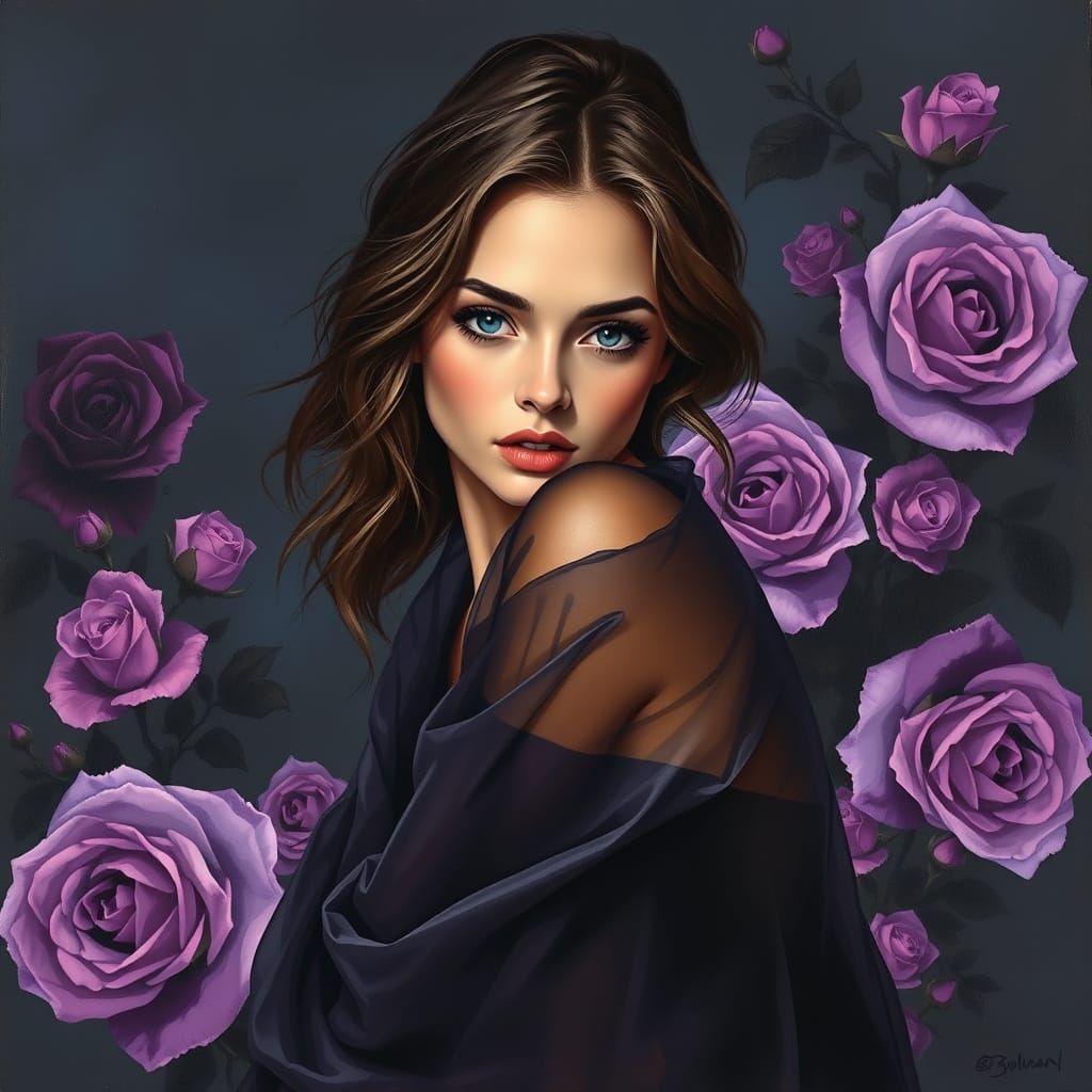 Ethereal Woman in Crimson Robe with Black and Violet Roses