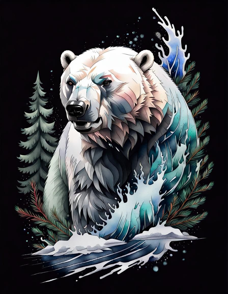 Epic Angry Polar Bear Tattoo Sketch in Watercolor