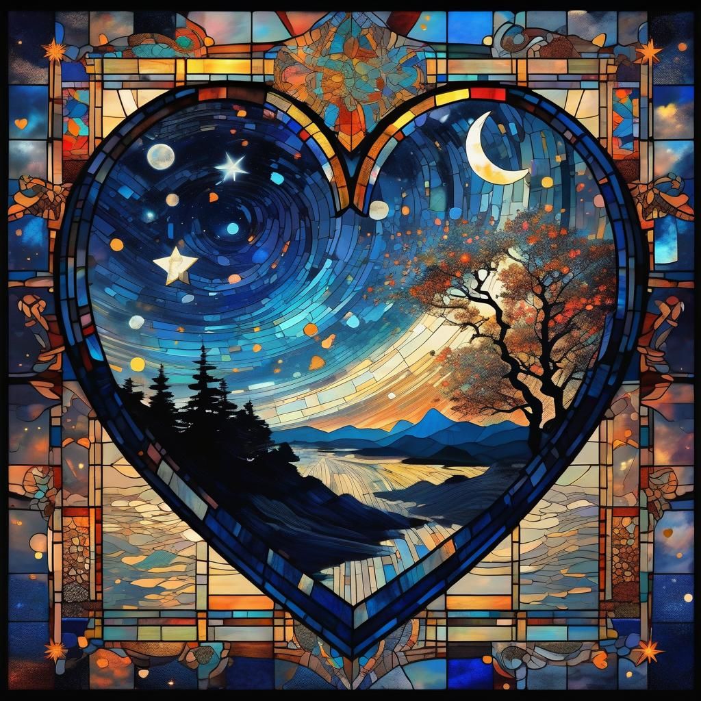 Heart in Starry Night, Stained Glass Illustration