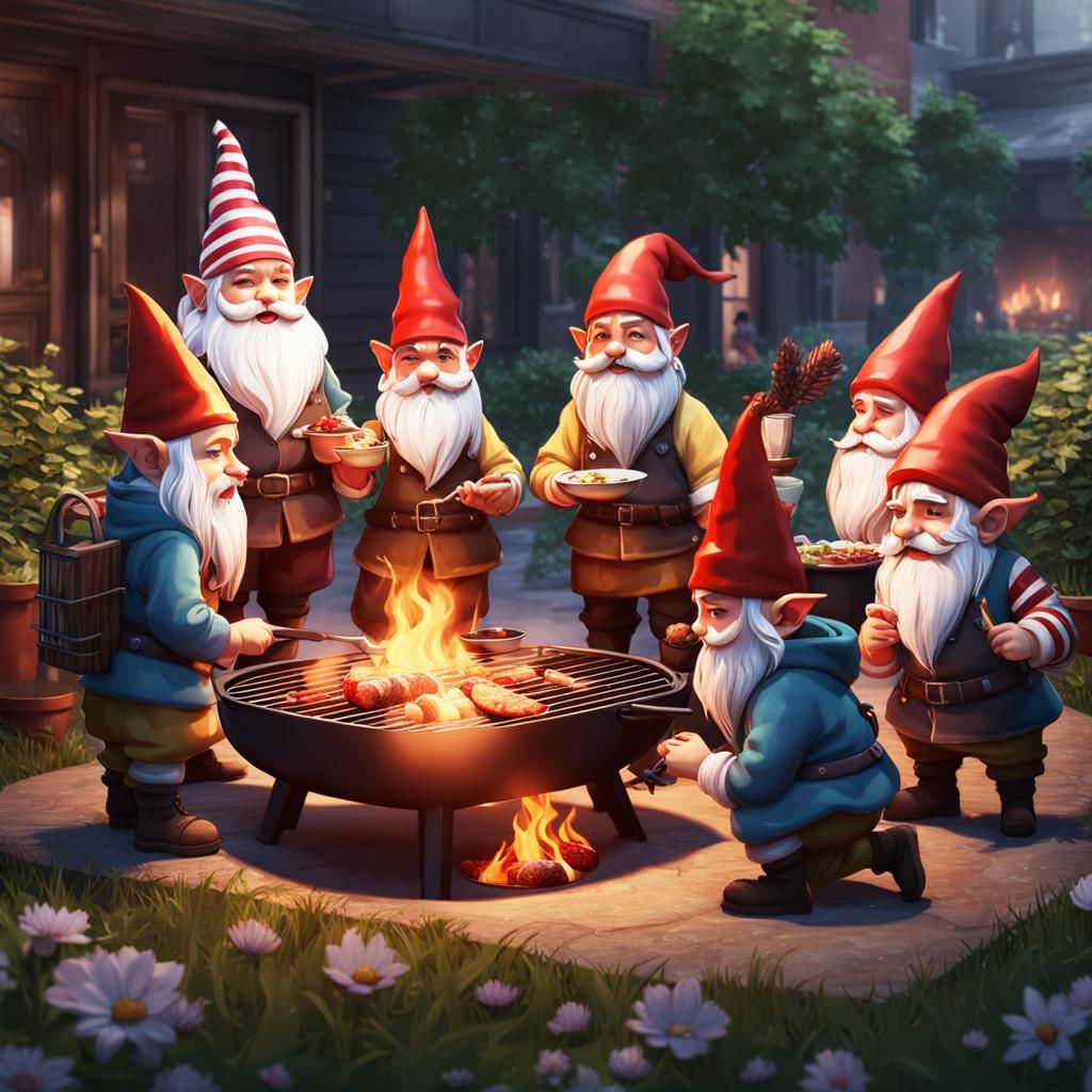 Gnomes' Cosy Barbecue Party: Anime-Inspired 3D Art