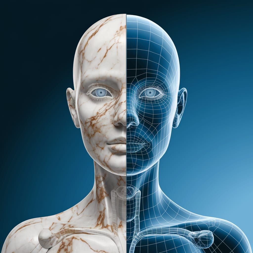 Surrealistic Portrait of a Futuristic Woman Made of Marble a...