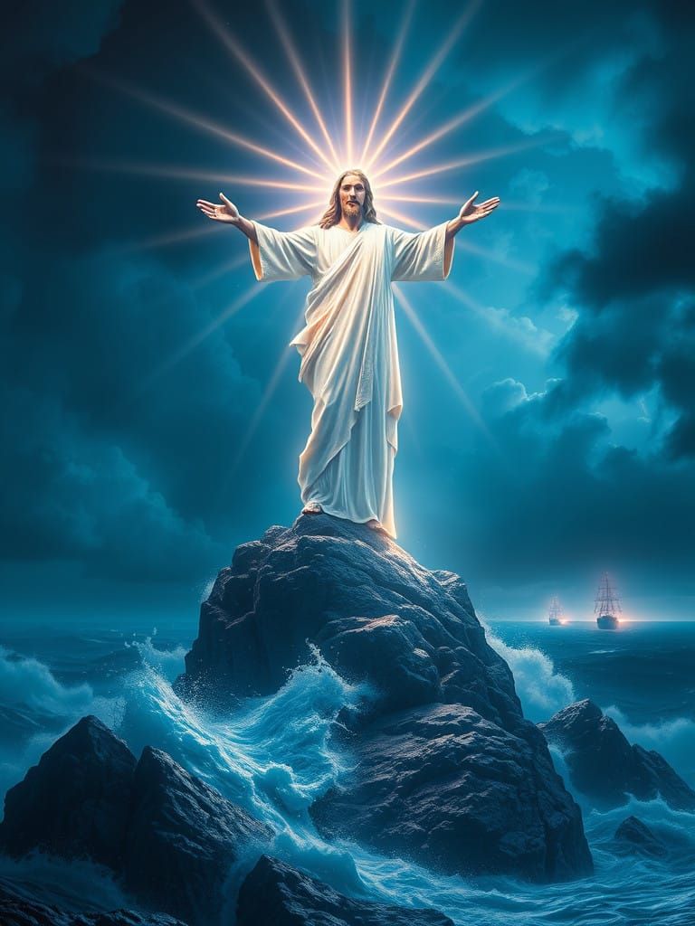 Surreal Christ Illuminates Turbulent Ocean Storm in Neon-Lit...