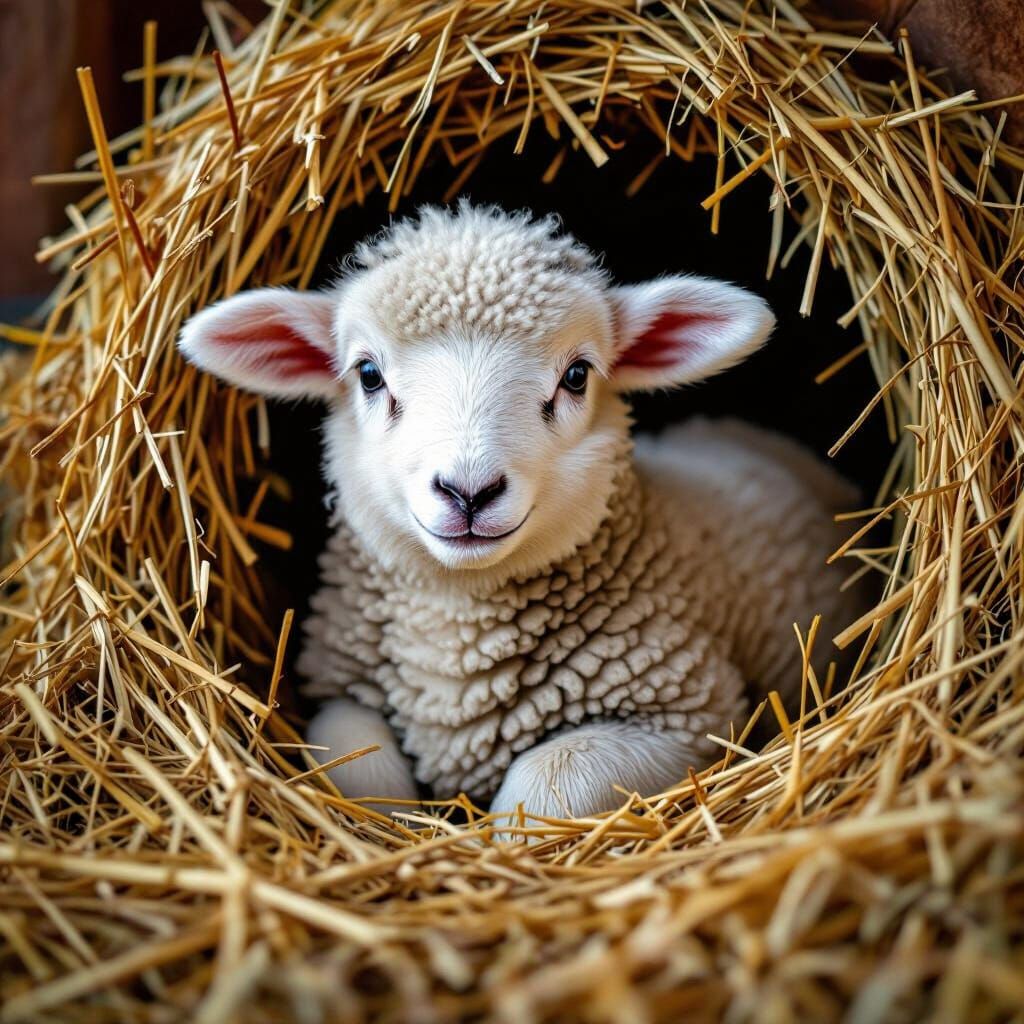 Fluffy Lamb in Straw Bed: Hyperrealistic Image
