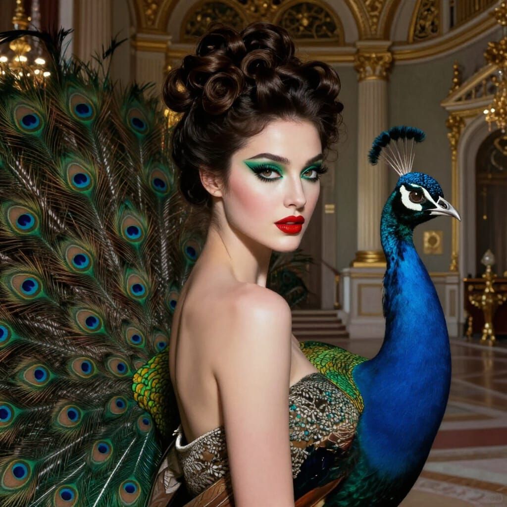 Elegant Woman Beside Peacock in Opulent Hall