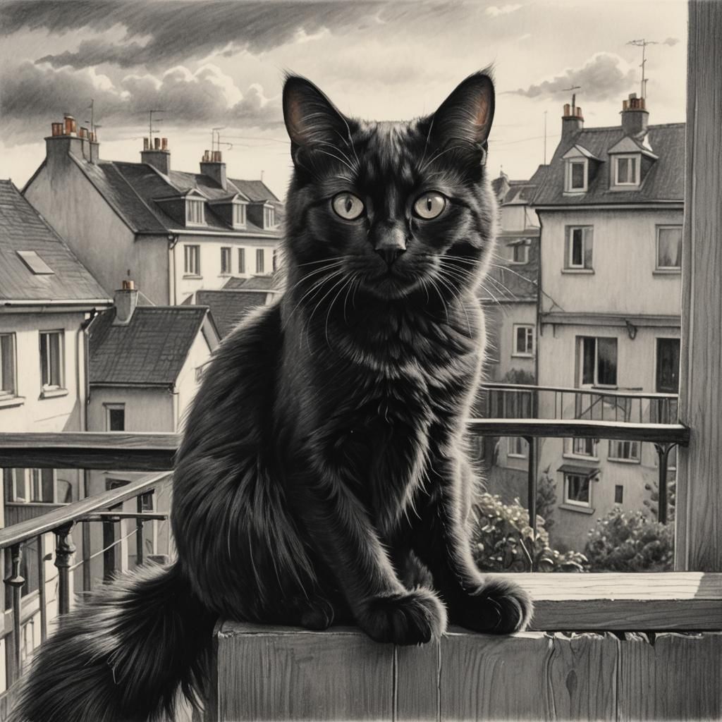 Sketchbook Style Black Cat on Balcony