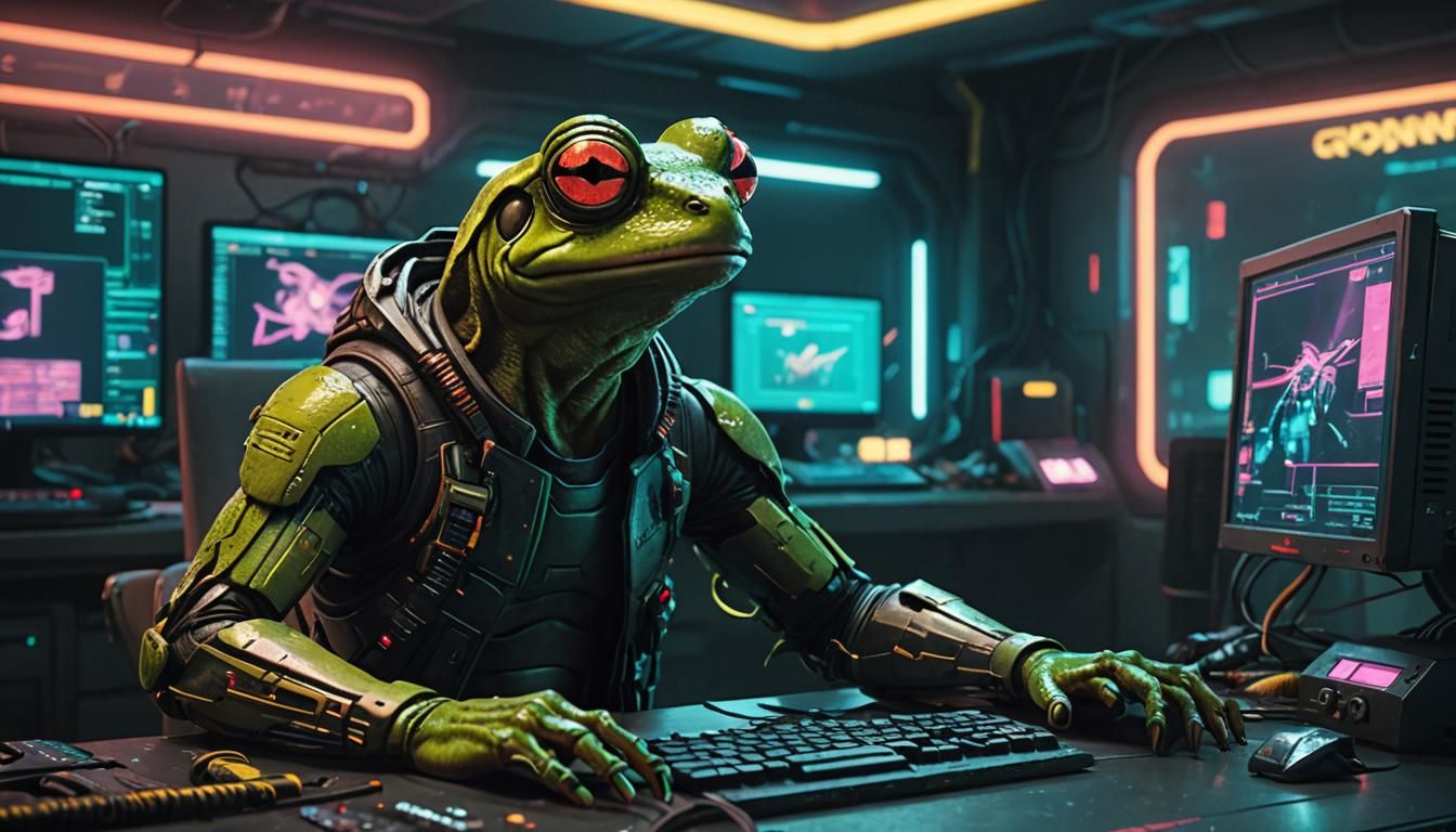 Cyberpunk Frog Computer Technician in Neon City