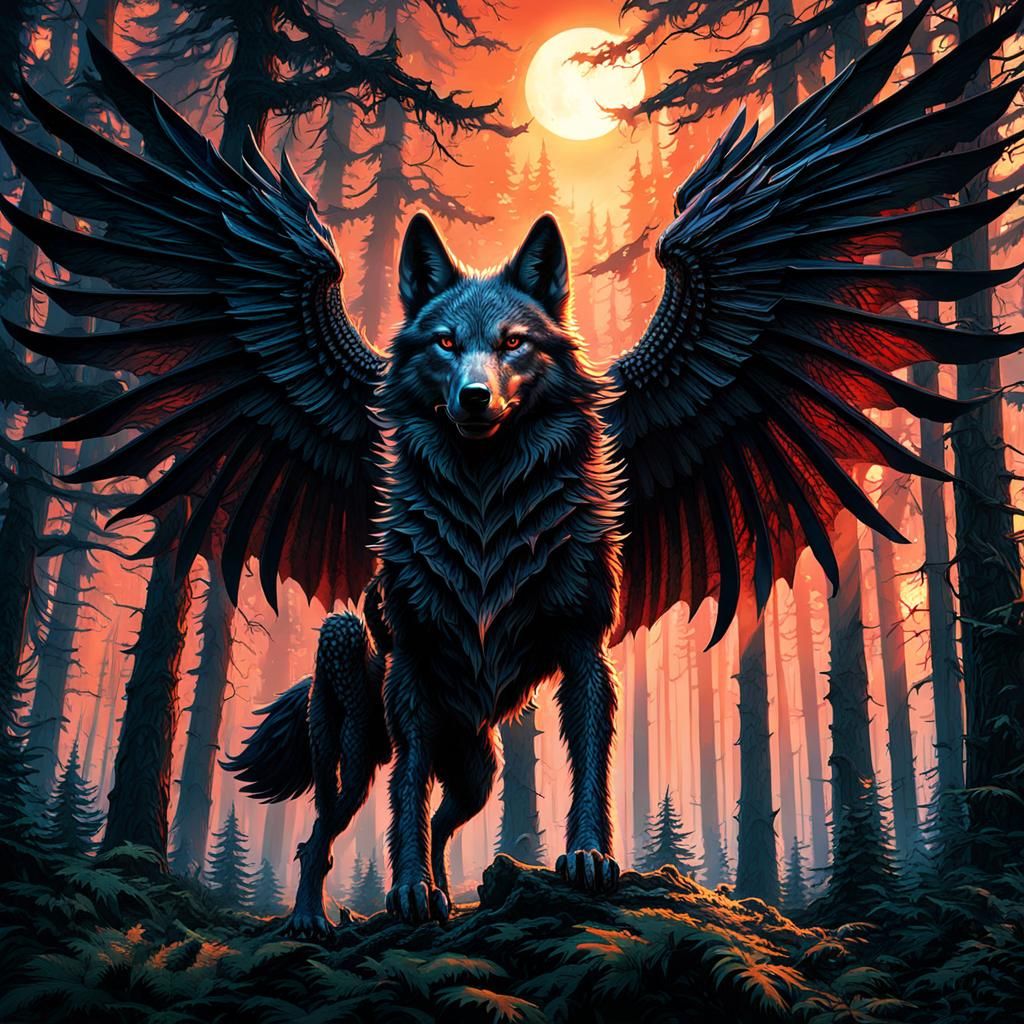 Wolf-Dragon Hybrid Soars Through Ancient Forest