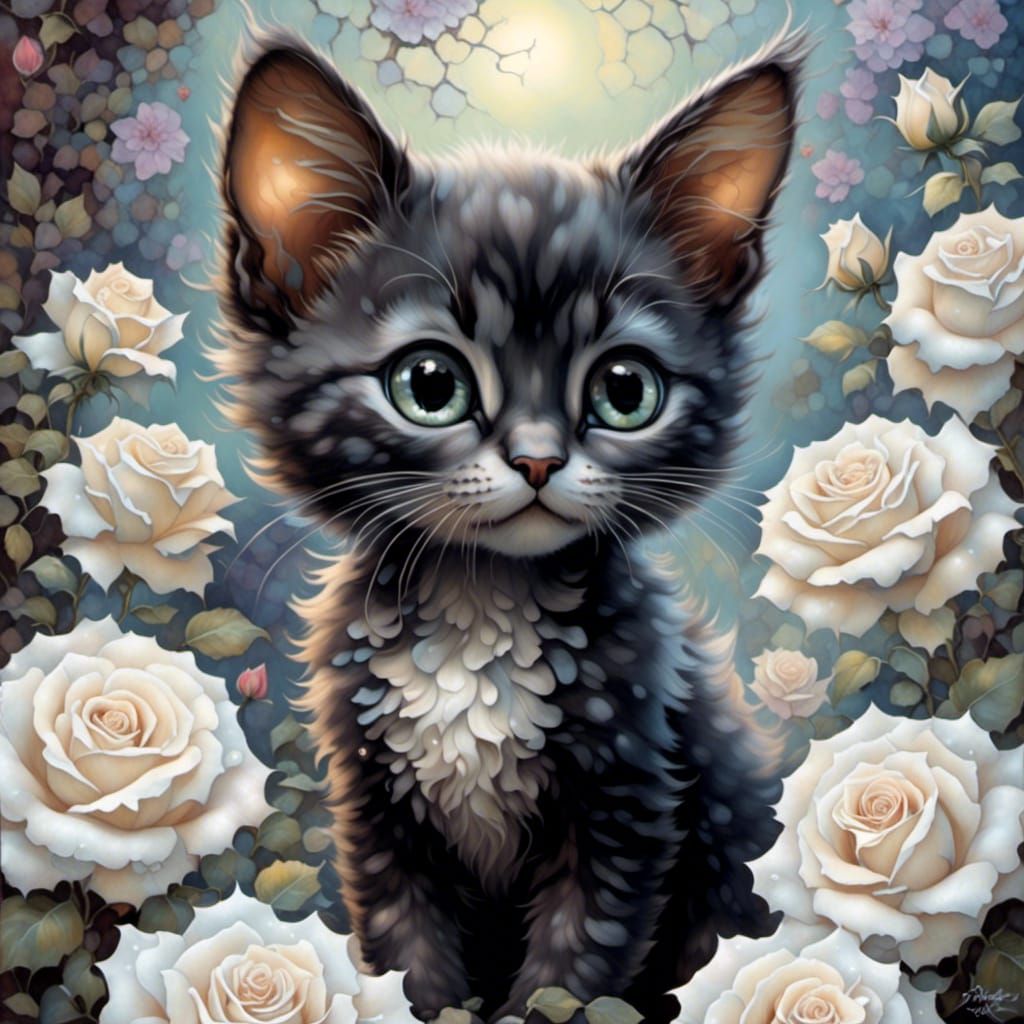Mystical Kitten Amongst White Roses in Ethereal Fantasy