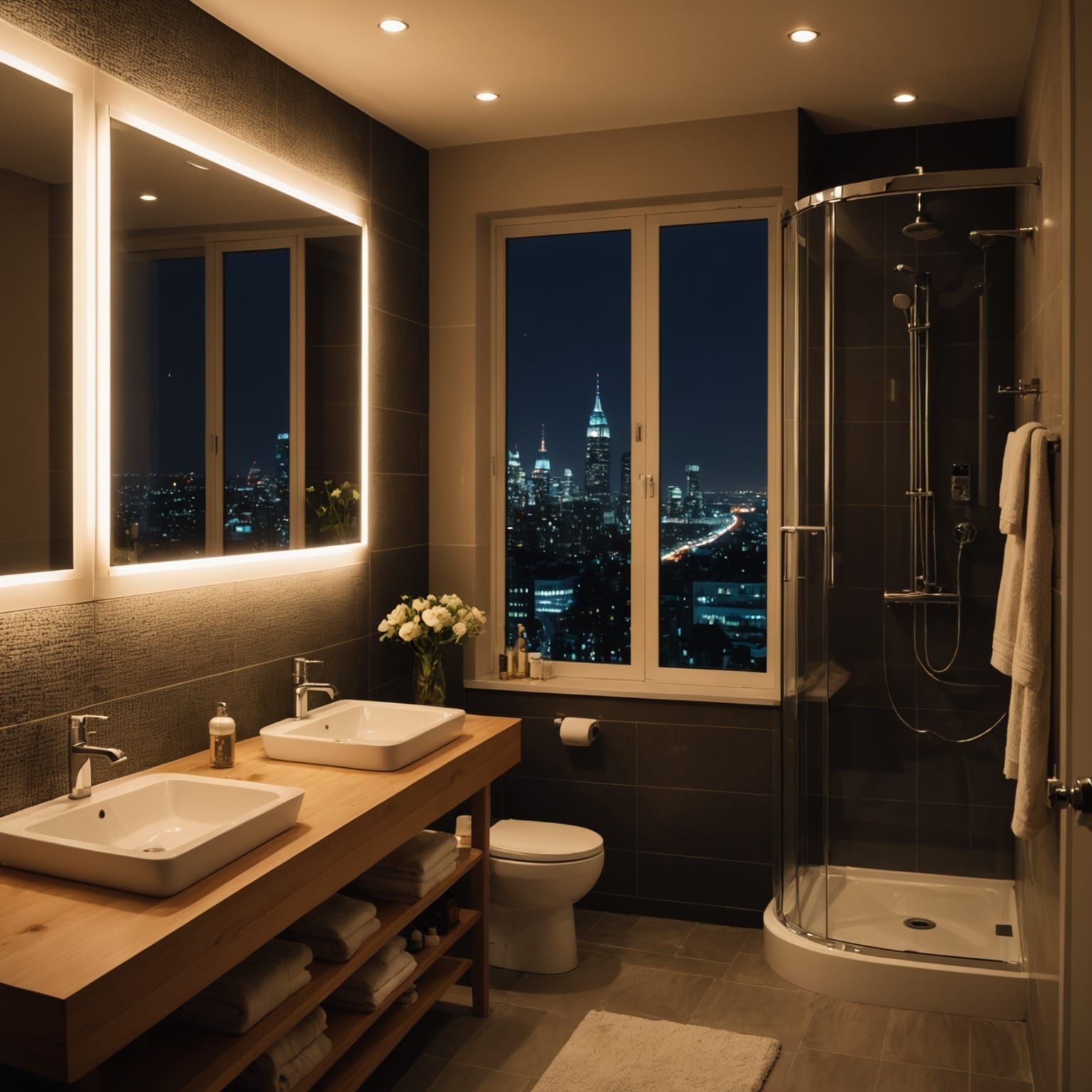 Warmly Lit Bathroom Interior at Night