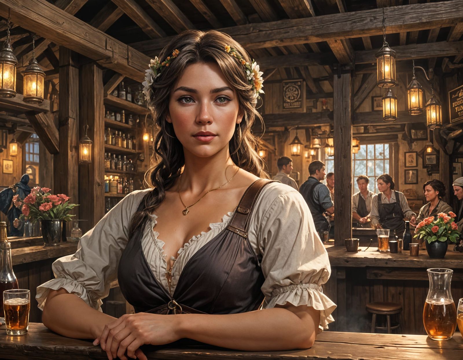 Rustic Tavern Portrait of Woman with Flowers