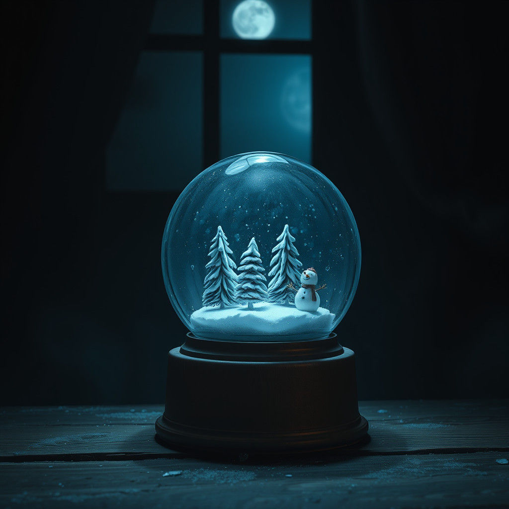 Eerie Snow Globe Winter Scene in Cinematic Still Life