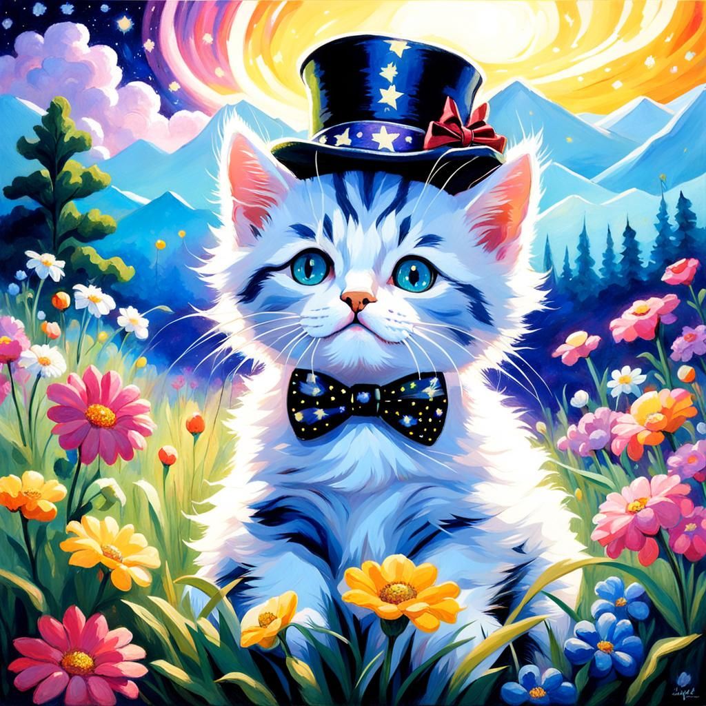 Cute Kitten in Meadow Under Starry Sky