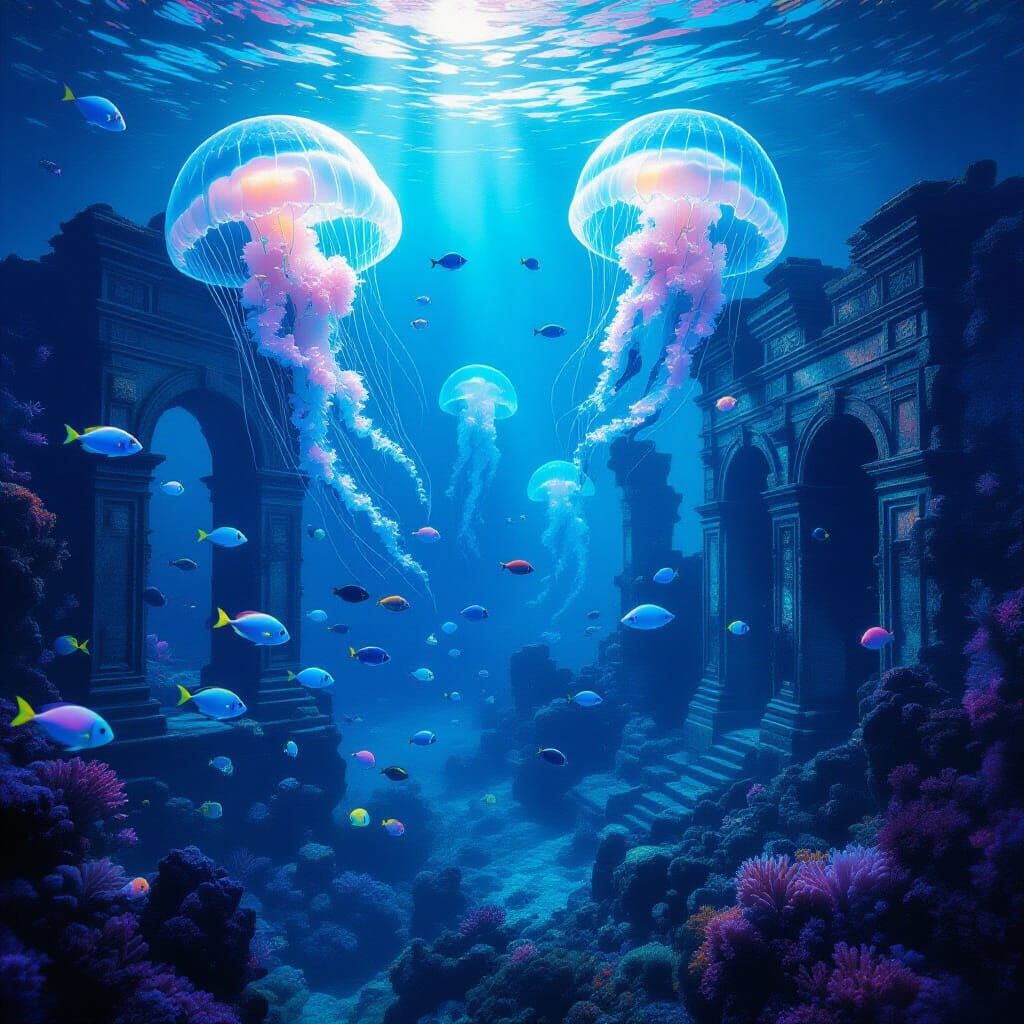 Bioluminescent Coral Reef With Exotic Fish and Ruins