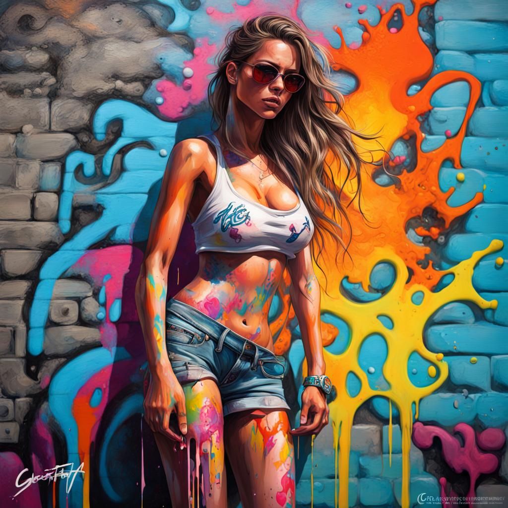Colorful Graffiti Art of Woman by Ocean