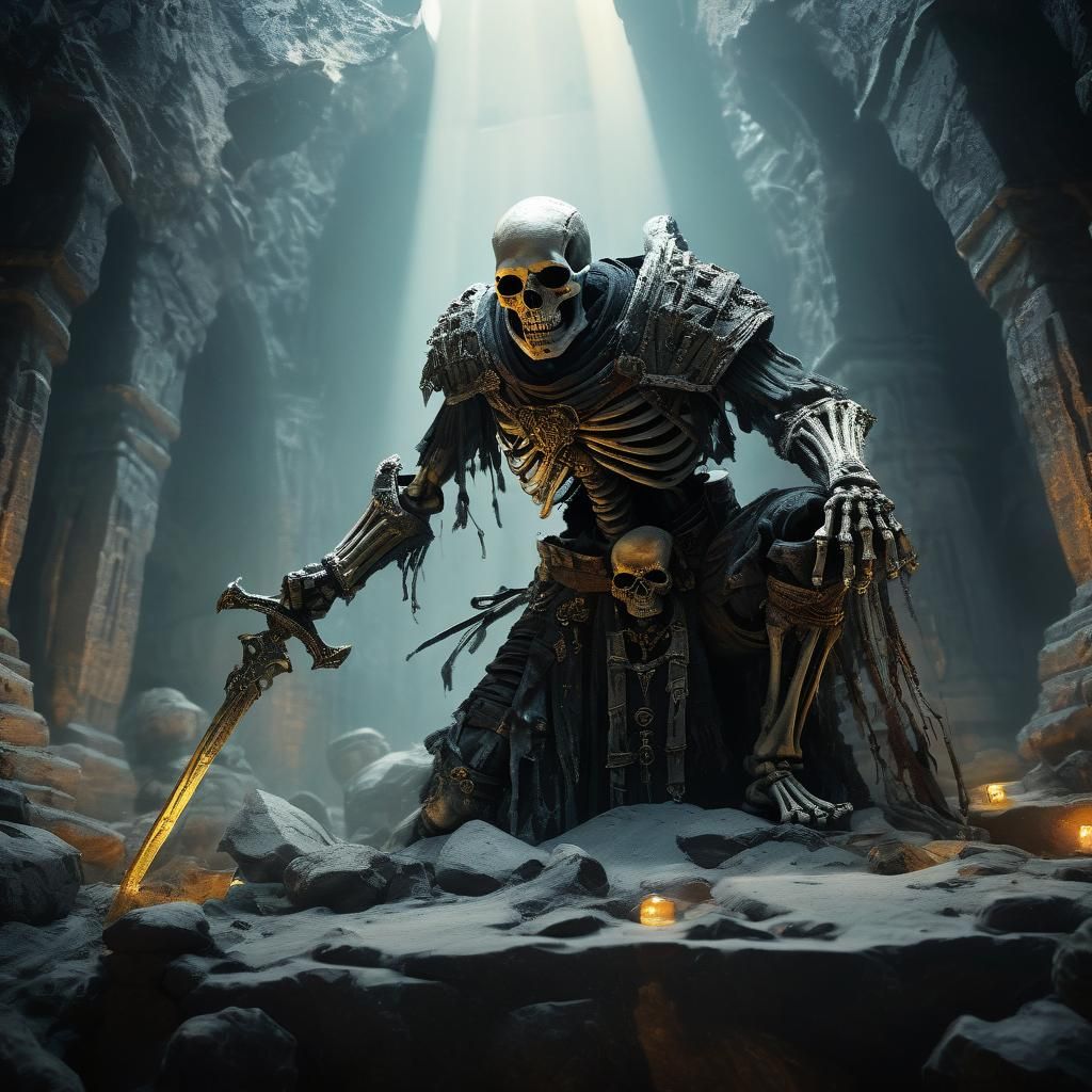 Skeleton Mummy Warrior in Stone Tomb, Fantasy Art