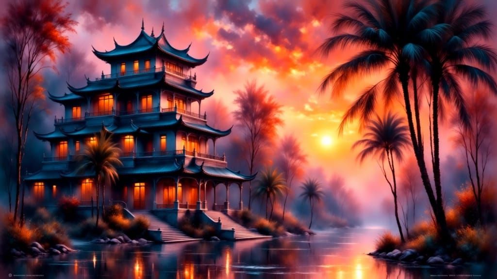 Grand Chinese House at Sunset in Lush Grove
