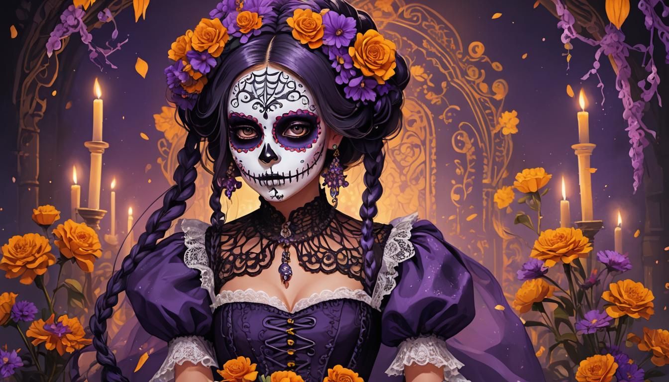 Anime Catrina Girl in Colonial Dress, Digital Art