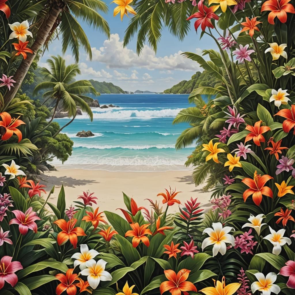Hyperrealistic Tropical Beach with Flowers: A Masterpiece