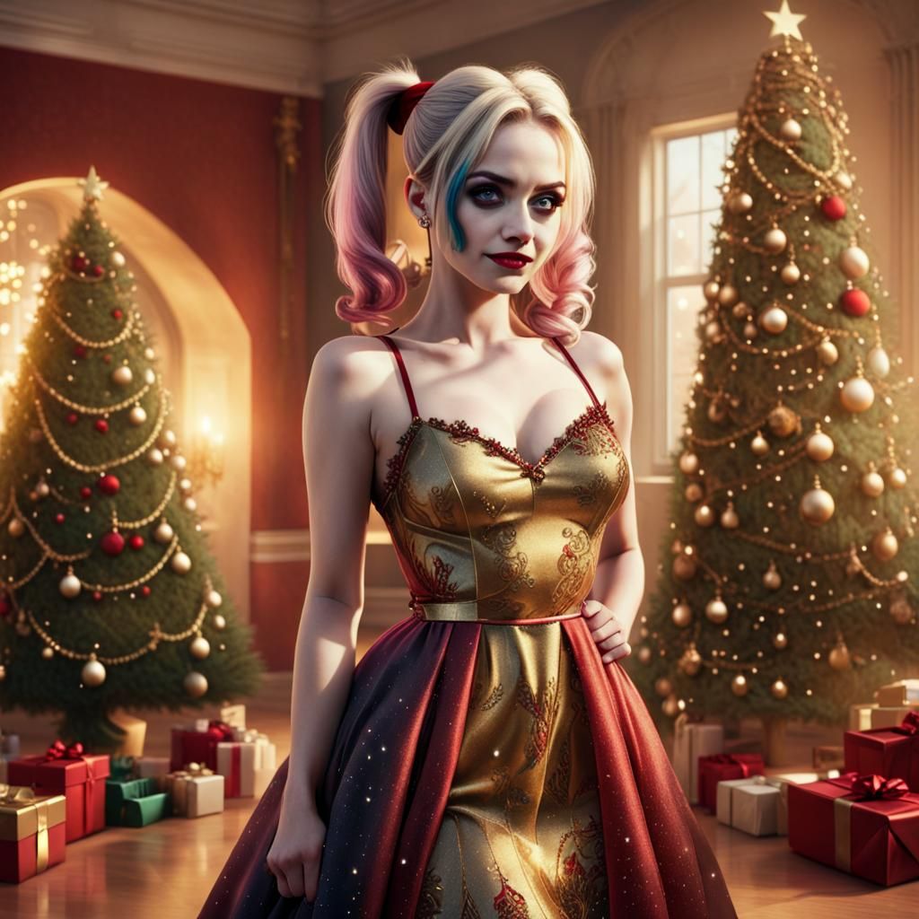 Harley Quinn long Christmas Dress warm colors Christmas tree in the background romanticism photoillustration golden hour...