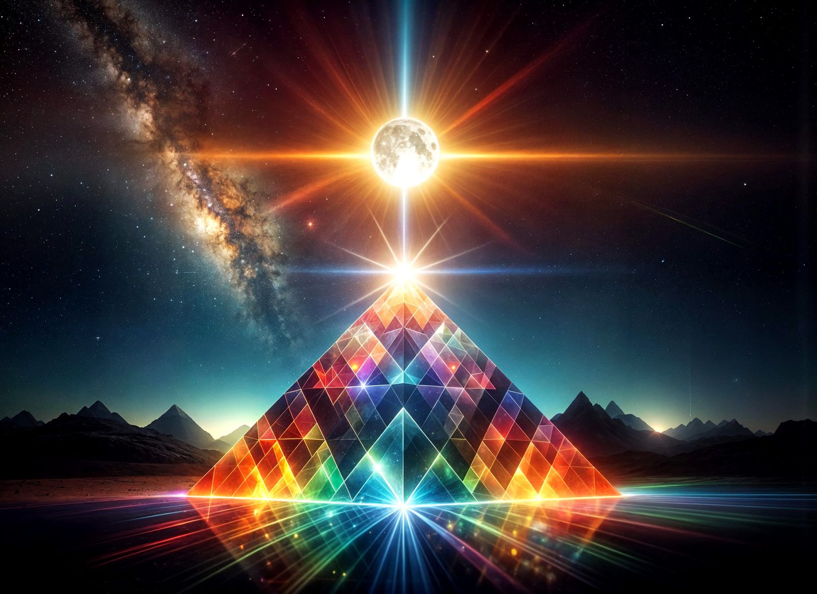 Illuminated Crystal Pyramid Under Moonlight